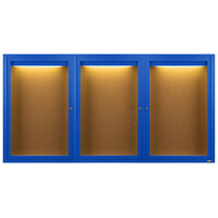 Aarco DCC4896-3RIB 48" x 96" Enclosed Hinged Locking 3 Door Powder Coated Blue Finish Indoor Lighted Bulletin Board Cabinet