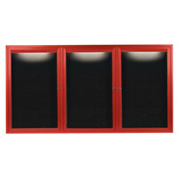 Aarco OADC4896-3IR 48" x 96" Enclosed Hinged Locking 3 Door Powder Coated Red Aluminum Outdoor Lighted Message Center with Black Letter Board