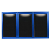 Aarco OADC4872-3IB 48" x 72" Enclosed Hinged Locking 3 Door Powder Coated Blue Aluminum Outdoor Lighted Message Center with Black Letter Board