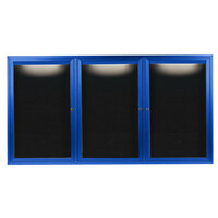Aarco OADC4896-3IB 48" x 96" Enclosed Hinged Locking 3 Door Powder Coated Blue Aluminum Outdoor Lighted Message Center with Black Letter Board