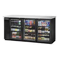 True TBB-24-72G-HC-LD 73 1/8" Black Narrow Glass Door Back Bar Refrigerator with LED Lighting