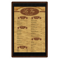 Menu Solutions WDSTR-A Walnut 5 1/2" x 8 1/2" Customizable Wood Menu Board with Top and Bottom Strips