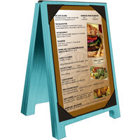 Menu Solutions WDSD-PIX-B 5" x 7" Sky Blue Wood Sandwich Menu Board Tent with Picture Corners