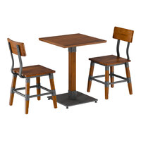 Lancaster Table & Seating Industrial 24" Square Rustic Walnut Finish Solid Wood Live Edge Standard Height Table with 2 Chairs
