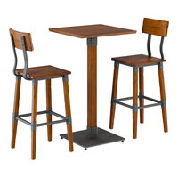Lancaster Table & Seating Industrial 24" Square Rustic Walnut Finish Solid Wood Live Edge Bar Height Table with 2 Bar Stools