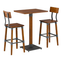 Lancaster Table & Seating Industrial 24" x 30" Rustic Walnut Finish Solid Wood Live Edge Bar Height Table with 2 Bar Stools