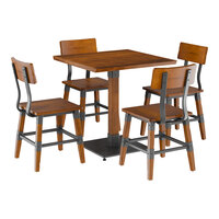 Lancaster Table & Seating Industrial 30" Square Rustic Walnut Finish Solid Wood Live Edge Standard Height Table with 4 Chairs