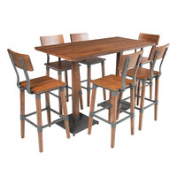 Lancaster Table & Seating Industrial 30" x 60" Rustic Walnut Finish Solid Wood Live Edge Bar Height Table with 6 Bar Stools