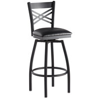 Lancaster Table & Seating Black Finish Cross Back Swivel Bar Stool with 2 1/2" Black Vinyl Padded Seat