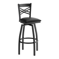 Lancaster Table & Seating Black Finish Cross Back Swivel Bar Stool with 2 1/2" Black Vinyl Padded Seat