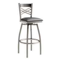 Lancaster Table & Seating Clear Coat Finish Cross Back Swivel Bar Stool with 2 1/2" Black Vinyl Padded Seat