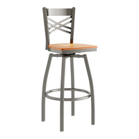 Lancaster Table & Seating Clear Coat Finish Cross Back Swivel Bar Stool with Cherry Wood Seat