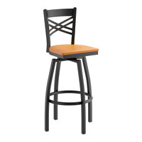 Lancaster Table & Seating Black Finish Cross Back Swivel Bar Stool with Cherry Wood Seat