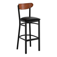 Lancaster Table & Seating Boomerang Black Finish Bar Stool with Black Vinyl Seat and Antique Walnut Wood Back