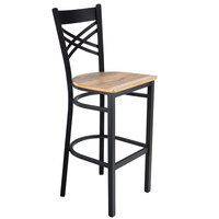 Lancaster Table & Seating Black Finish Cross Back Bar Stool with Driftwood Seat - Assembled