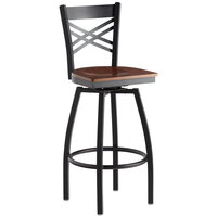 Lancaster Table & Seating Black Finish Cross Back Swivel Bar Stool with Antique Walnut Wood Seat