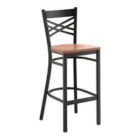 Lancaster Table & Seating Black Finish Cross Back Bar Stool with Antique Walnut Wood Seat - Assembled