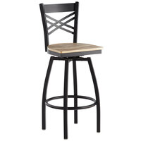 Lancaster Table & Seating Black Finish Cross Back Swivel Bar Stool with Driftwood Seat