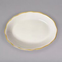 CAC 9 5/8" x 7 1/8" Ivory (American White) Scalloped Edge China Platter with Gold Band - 24/Case