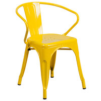 Flash Furniture CH-31270-YL-GG Yellow Stackable Galvanized Steel Chair with Arms, Vertical Slat Back, and Drain Hole Seat