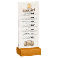 Menu Solutions WBCL-BA 4 1/4" x 11" Clear Acrylic Table Tent with Solid Country Oak Wood Base