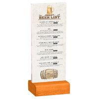 Menu Solutions WBCL-BA 4 1/4" x 11" Clear Acrylic Table Tent with Solid Mandarin Wood Base