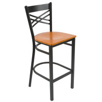 Lancaster Table & Seating Black Finish Cross Back Bar Stool with Cherry Wood Seat - Detached Seat