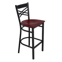 Lancaster Table & Seating Black Finish Cross Back Bar Stool with Mahogany Wood Seat - Assembled