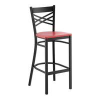 Lancaster Table & Seating Black Finish Cross Back Bar Stool with Mahogany Wood Seat - Assembled