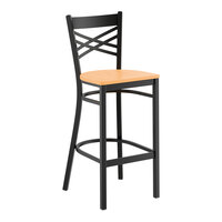 Lancaster Table & Seating Black Finish Cross Back Bar Stool with Natural Wood Seat