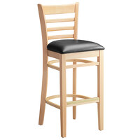 Lancaster Table & Seating Natural Finish Wood Ladder Back Bar Stool with Black Vinyl Seat