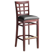 Lancaster Table & Seating Mahogany Finish Wood Window Back Bar Stool with Black Vinyl Seat