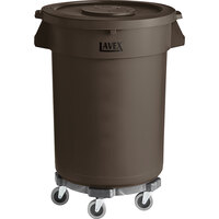 Lavex 32 Gallon Brown Round Commercial Trash Can with Lid and Dolly