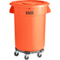 Lavex 32 Gallon Orange Round High Visibility Commercial Trash Can with Lid and Dolly