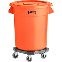 Lavex 20 Gallon Orange Round High Visibility Commercial Trash Can with Lid and Dolly