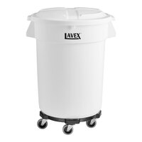Lavex 32 Gallon White Round Commercial Trash Can with Lid and Dolly