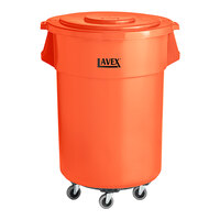 Lavex 55 Gallon Orange Round High Visibility Commercial Trash Can with Lid and Dolly