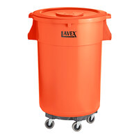 Lavex 44 Gallon Orange Round High Visibility Commercial Trash Can with Lid and Dolly