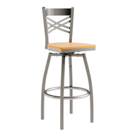Lancaster Table & Seating Clear Coat Finish Cross Back Swivel Bar Stool with Natural Wood Seat