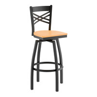 Lancaster Table & Seating Black Finish Cross Back Swivel Bar Stool with Natural Wood Seat