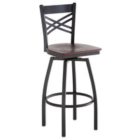 Lancaster Table & Seating Black Finish Cross Back Swivel Bar Stool with Mahogany Wood Seat