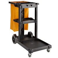 Lavex Black Cleaning Cart / Janitor Cart with 3 Shelves, Large Bottom Shelf, and Yellow Vinyl Bag