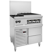 Vulcan 36R-2B24CB Endurance 2 Burner 36" Liquid Propane Range with 24" Charbroiler and Refrigerated Base - 124,000 BTU