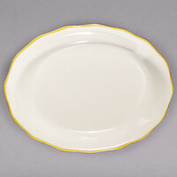 CAC 12 5/8" x 9 1/4" Ivory (American White) Scalloped Edge China Platter with Gold Band - 12/Case