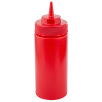 Tablecraft 11663K 16 oz. Red Widemouth and Standard Cone Tip Squeeze Bottle with 63 mm Opening - 12/Pack