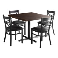 Lancaster Table & Seating 36" Square Wood Butcher Block Dining Height Table with 4 Black Cross Back Chairs and Espresso Finish