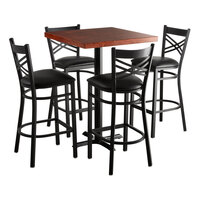 Lancaster Table & Seating 30" Square Wood Butcher Block Bar Height Table with 4 Black Cross Back Chairs - Mahogany