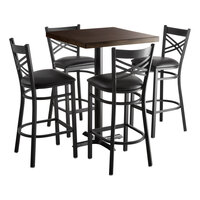 Lancaster Table & Seating 30" Square Wood Butcher Block Bar Height Table with 4 Black Cross Back Chairs - Espresso