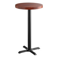 Lancaster Table & Seating 24" Round Bar Height Wood Butcher Block Table with Mahogany Finish and Cast Iron Cross Base Plate