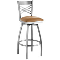 Lancaster Table & Seating Clear Coat Finish Cross Back Swivel Bar Stool with 2 1/2" Light Brown Vinyl Padded Seat